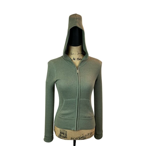 Vince Waffle Knit Hooded Jacket  Zip-Up Sage Green Womens Small 100% Cotton - Picture 9 of 13
